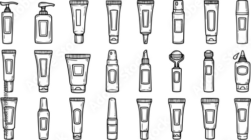 Hand-drawn Black  White Line Art Collection of Beauty  Skincare Cosmetic Product Packaging Containers, Tubes, Bottles,  Dispensers