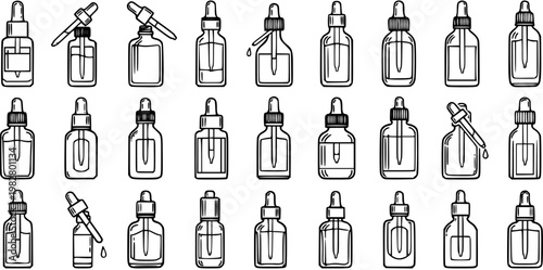 Hand-drawn Black and White Line Art Dropper Bottles Set for Cosmetics, Skincare, and Health Products Collection