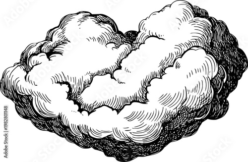 Vintage engraving style cloud formation, detailed black and white of cumulus clouds