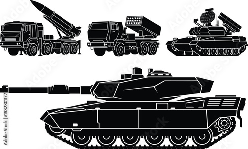 Military vehicles, tanks, and launchers, black silhouettes on white background, missile launchers armored vehicles