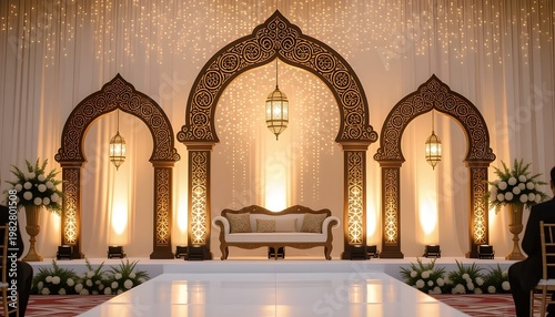 Melayu wedding stage decoration with Arabian-inspired arches and lanterns