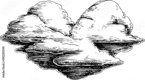 Vintage engraving style heart-shaped cloud formation white background