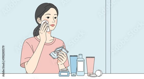 Young woman applying skincare product with a cotton pad in front of mirror, beauty routine