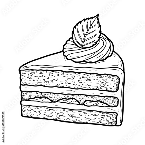 Hand-drawn slice of cake with cream and mint leaf, black and white sketch