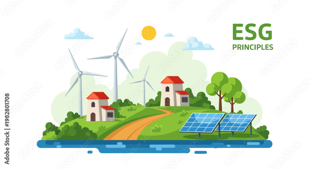 Naklejka premium Sustainable energy landscape with wind turbines, solar panels, and houses, ESG principles concept
