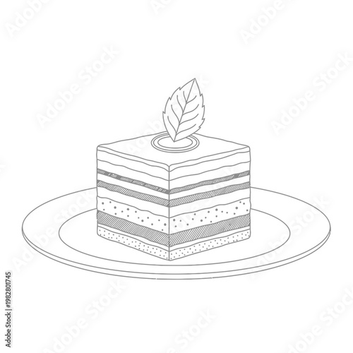 Layered cake slice with mint leaf on plate, black and white line drawing