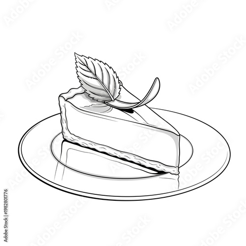 Slice of cheesecake with mint leaf on a plate, black and white illustration