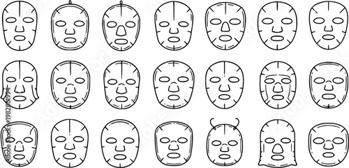 Beauty Skincare Sheet Face Masks Vector Icon Set. Collection of Outline Cosmetic Facial Treatments in Black and White Line Art Style.