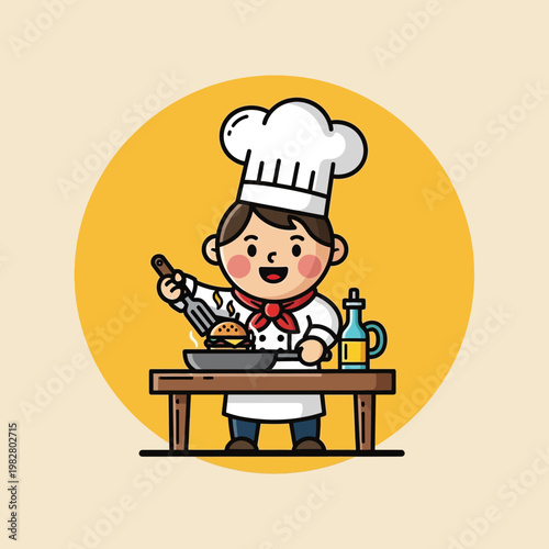 Cute Chef Kid Cooking Burger on Pan with Oil Bottle on Table