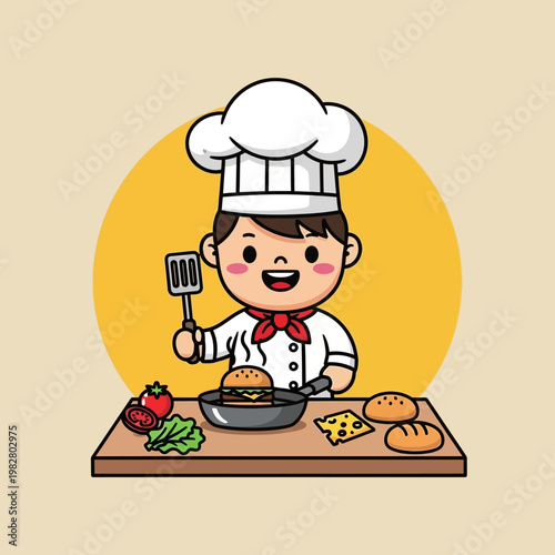 Cute Chef Cooking Burger in Pan, Happy Kid Chef Making Food