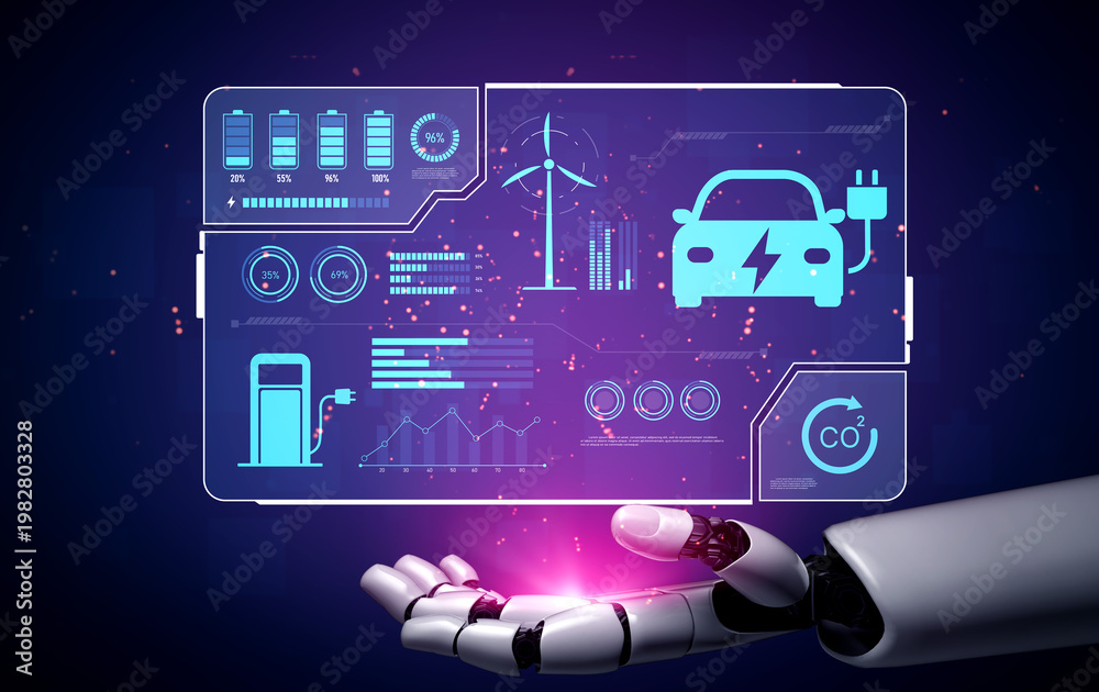 Naklejka premium AI manages EV charging dashboards by tracking battery status, optimizing renewable power use, and reducing carbon emissions through smart energy monitoring Vouch