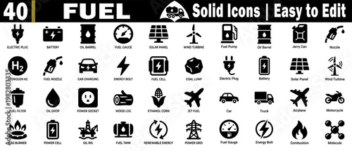Fuel icons set. Features an electric plug, a battery, oil, a barrel, a gauge, a solar panel, a wind turbine nozzle, a car, charging, an energy bolt, a fuel cell, a coal lump, and jet fuel. and more.