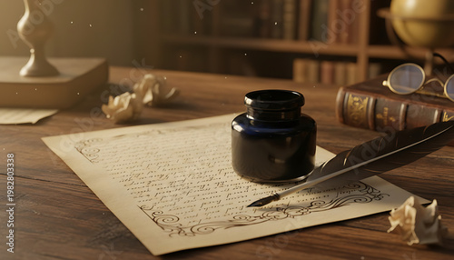A wooden desk with an inkwell and quill on a piece of paper