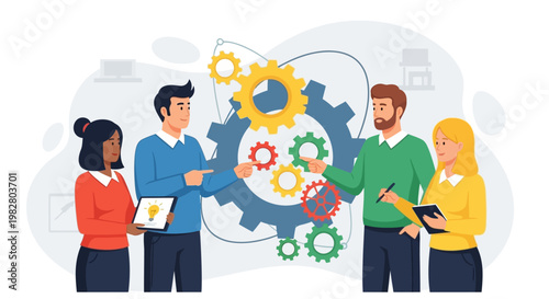 Teamwork and collaboration: people working together with gears representing strategy and success