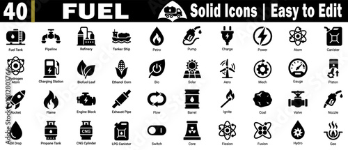 Fuel icons set. Containing fuel tank, pipeline, refinery, tanker, ship, petrol pump, charge power atom canister, hydrogen charging station, and biofuel leaf icons vector illustration.