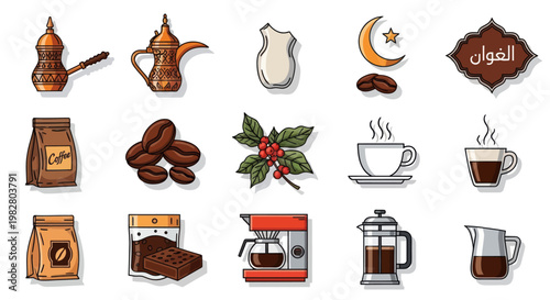 Arabic Coffee Culture: Dallah, Beans, Brew, and More Icons