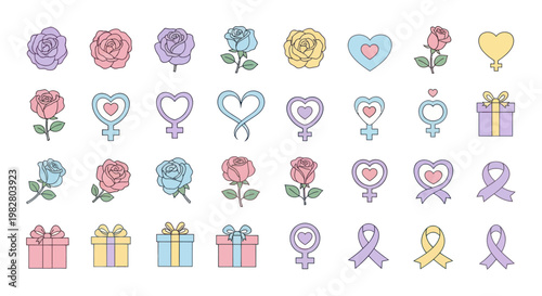Pastel Icons: Roses, Hearts, Female Symbols, Ribbons, Gifts - Feminine Design Elements