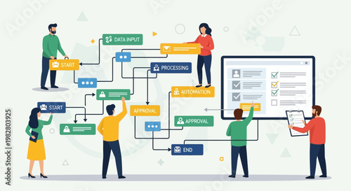 Business process flowchart with people collaborating on workflow and automation