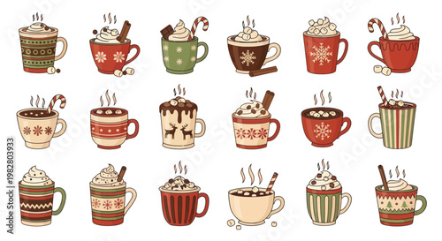 Cozy Christmas Hot Chocolate Mugs Collection, Festive Winter Drinks with Whipped Cream and Cinnamon