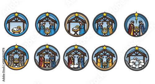 Christmas Nativity Scene Icons Set: Baby Jesus, Mary, Joseph, Shepherds, Angels, Sheep