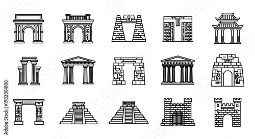 Ancient Architecture Icons: Arches, Gateways, Temples, Pyramids, Castles - Line Art Collection