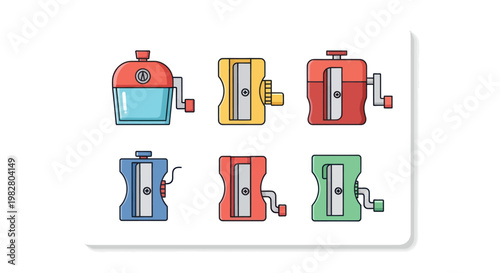 Set of colorful vintage manual pencil sharpeners, flat design icons