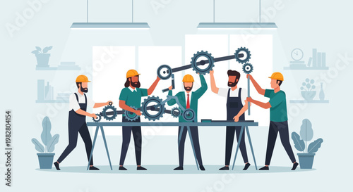 Teamwork and collaboration: people assembling gears, symbolizing business strategy and project success