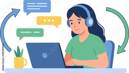 A woman communicates effectively with a laptop and headset at a desk