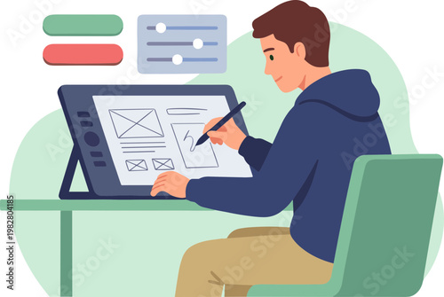 A man sits at a desk using a digital drawing tablet to create a design on a computer screen.