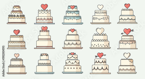 Wedding Cakes Collection: Romantic Designs with Hearts, Tiered Pastries, Elegant Decorations