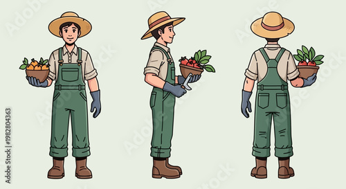 Farmer Character Design: Front, Side, and Back Views with Fresh Produce