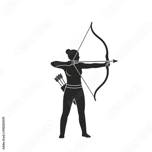 Female archer aiming bow and arrow with quiver icon