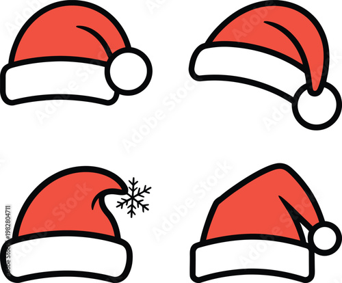 Four festive santa hats with different styles and decorations