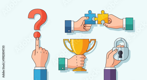 Business strategy, problem solving, teamwork, success, security, and question mark concept