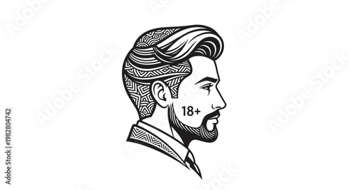 Stylish man profile vector illustration with 18 plus symbol