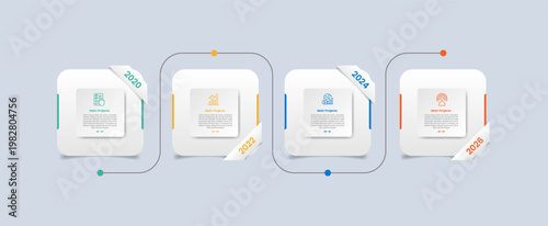 Timeline horizontal base infographic with glossy gradient style with round square double layer with circular line up and down with four segment information