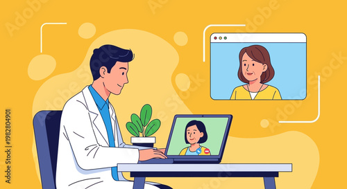 Doctor consulting patient online via video call on laptop, telemedicine concept