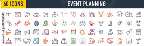 Comprehensive collection of event planning icons featuring diverse symbols for seamless organization and promotion of gatherings and functions