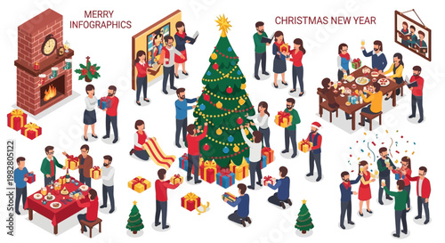 Christmas Celebration: Family and Friends Decorating Tree, Exchanging Gifts, and Feasting