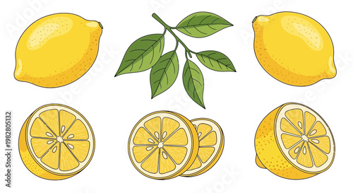 Fresh Lemons Collection: Whole, Halved, and Sliced Citrus Fruits with Leaves