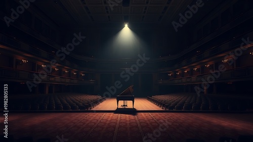 harpsichord. Empty historic concert hall with a single harpsichord on stage under spotlight. event programs, museum guides, designed for cultural heritage projects and event programs.