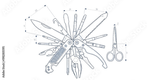 Technical drawing of a multi-tool knife with dimensions and scissors