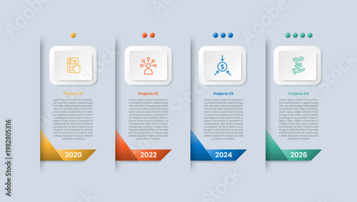 Timeline horizontal base infographic with glossy gradient style with shadow line separator with ribbon flip on footer with four segment information