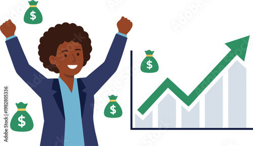 Businesswoman celebrates financial success with rising graph and money bags