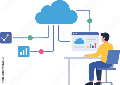 A man sits at a desk in front of a computer displaying a cloud and graph while connected to various icons via lines under the main cloud.