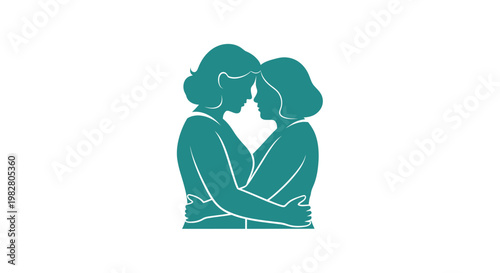Two women hugging in a simple silhouette style