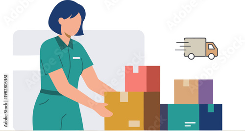 A woman in green handles a stack of colorful boxes next to a moving truck.