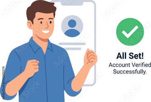 Man Successfully Verifies Account with Green Checkmark on Clipboard