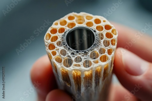 close-up of a hand holding a cylindrical honeycomb ceramic filter with metal core and textured hexagonal cells, evoking careful inspection and curiosity