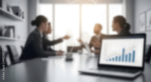 Business professionals collaborating in a modern office setting analyzing data on a laptop screen